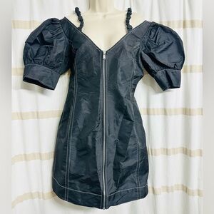 Ganni Black Taffeta Recycled Polyester Zipper Up Closure Mini Dress Size 40/ M-L